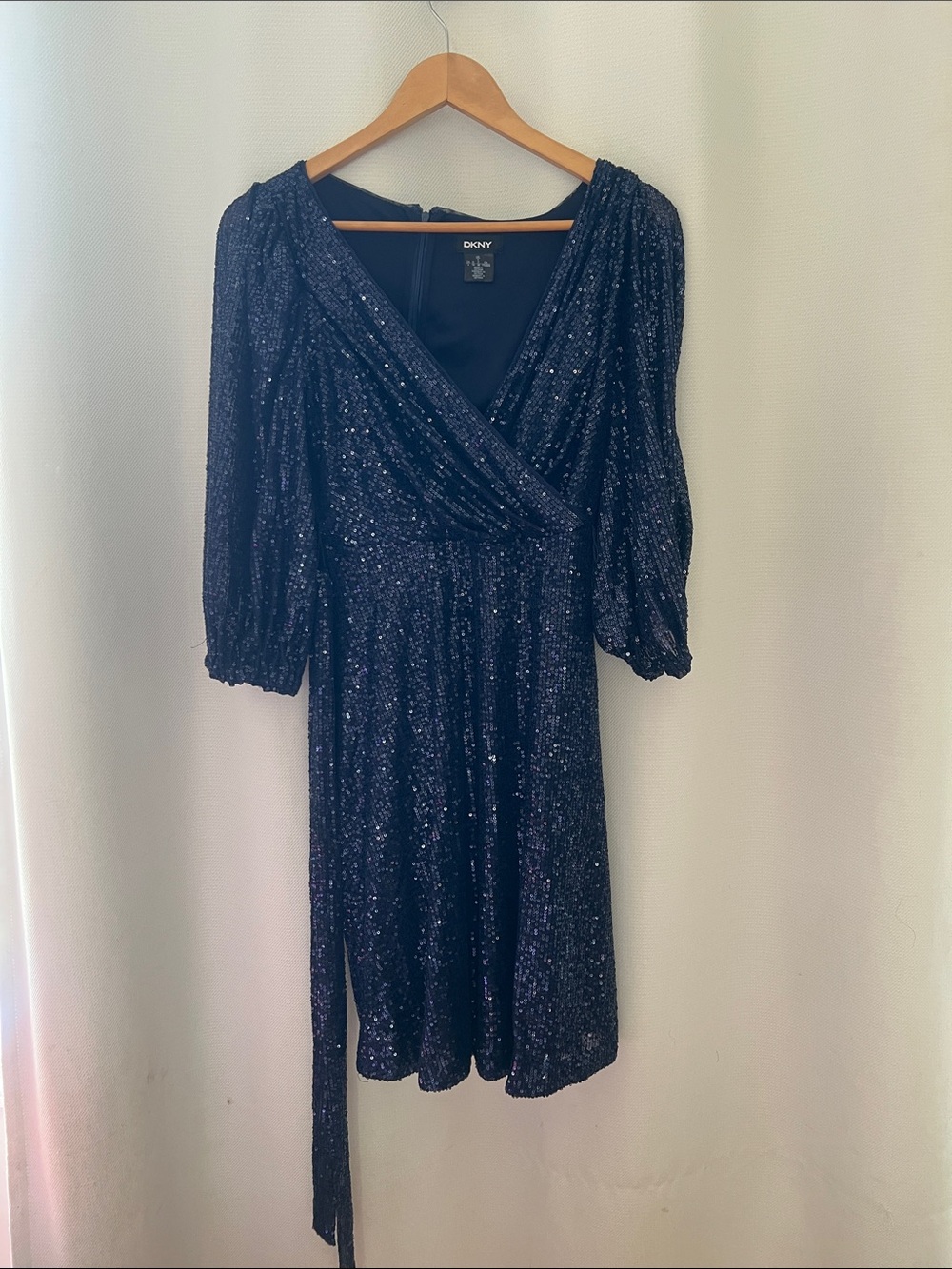DKNY Navy Sequin Wrap Dress with Tie Waist
